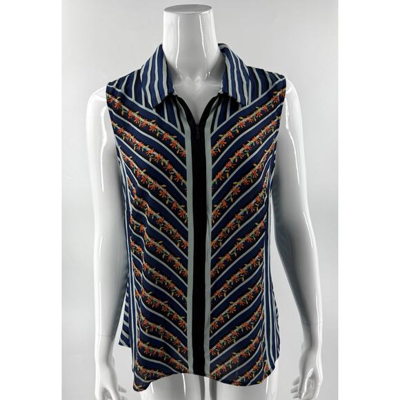 Cabi Chevron Floral Zip Blue Orange Top Collared Sleeveless Medium Style 6318 - Picture 1 of 9